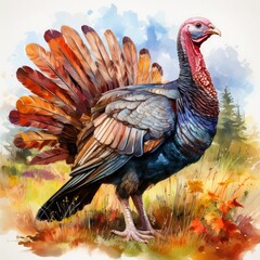 Stolzer Truthahn auf Wiese – Aquarell mit leuchtendem Federkleid