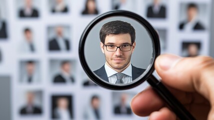 A hand holding a magnifying glass over a blurred image of a man's face, with a blurred background of multiple similar images.