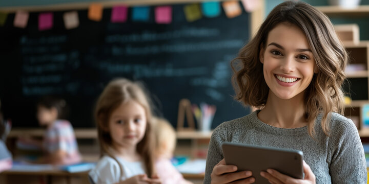 Professora  infantil segurando um tablete na sala de aula 