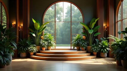 Serene Tropical Indoor Garden Design with Arch Window and Wooden Steps
