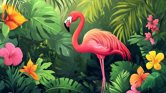 Vibrant tropical scene featuring a flamingo amidst lush foliage. - Powered by Adobe