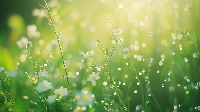 Delicate raindrops on fresh green tea leaves with soft spring light, blurred background of blooming flowers, serene natural atmosphere during Grain Rain season.