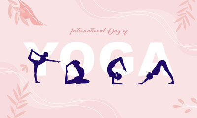 International Yoga Day Banner with Silhouettes of Yoga Poses. Perfect for Background, Poster, Social Media Post,  Ad Templates, Yoga Studios, Wellness Campaigns, and Fitness Promotions.