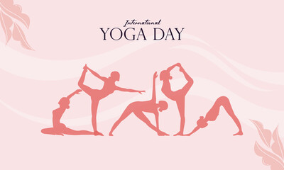 International Yoga Day Banner with Silhouettes of Yoga Poses. Perfect for Background, Poster, Social Media Post,  Ad Templates, Yoga Studios, Wellness Campaigns, and Fitness Promotions.
