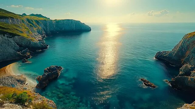Spectacular aerial view of turquoise sea and rocky coastline in Corfu, Greece, with sunlit waves