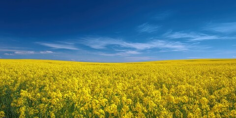 Obraz premium Scenic Canola Field Under Bright Blue Sky in Spring