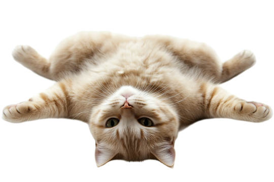 A cute cat lying comfortably on the floor, isolated on a transparent background. Ideal for pet-themed designs, product packaging, and animal illustrations