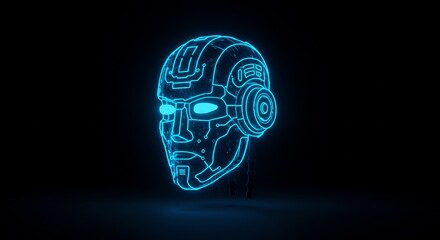 Pixelated Blue Robot Head Glowing in the Dark