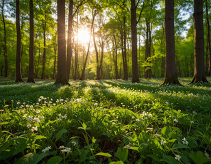 Sunlight shining through trees in a forest with wildflowers