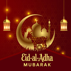 Eid al-Adha Mubarak Greeting Card with Golden Mosque and Goat