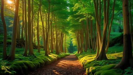 Enchanting Forest Path with Sunlight Filtering Through Lush Green Trees