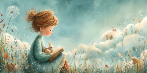 A girl reading in a whimsical, dreamy field.