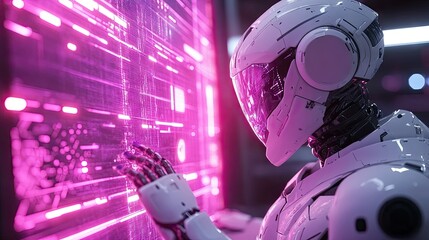 Robot Interacting with Futuristic Glowing Screen Technology