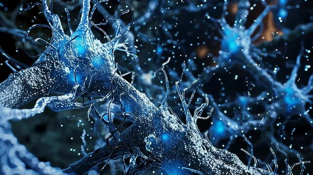 A dynamic  of a brain section with neurotransmitter release. Water droplets mimic the effect of light in creating an ethereal and scientifically realistic representation.