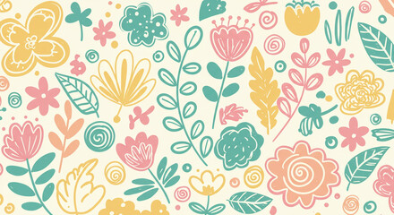 A seamless pattern of stylized flowers and leaves in pastel colors