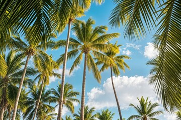serene tropical scene dominated concept tall slender palm trees reaching up towards a bright blue sky serena escena dominada por altas y esbeltas palmeras que se alzan hacia un cielo azul brillante