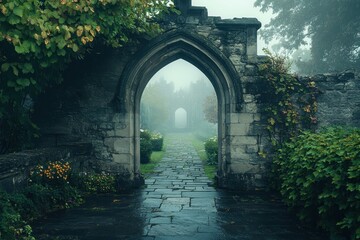 Arched stone gateway leads to a path in foggy garden with old building. Use as backdrop for fantasy, or travel theme with mystery and history.