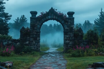Stone archway with flowers, leads to a foggy path through the forest. Perfect for fantasy, mystery, or nature themed projects.