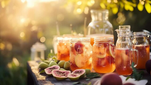 Glass glasses and jars with tropical guava cocktail at a summer garden party, warm summer atmosphere, holiday mood