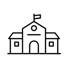 School building icon with flag in minimal black line style  