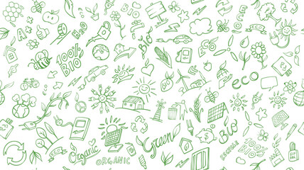 Obraz premium horizontal Ecology and Environment Related Objects and Elements. Hand Drawn Vector Doodle Illustration Collection