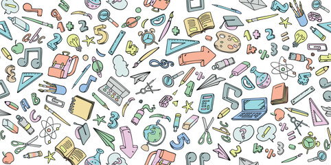 Vector background  doodle cartoon set of School objects and symbols. vector illustration