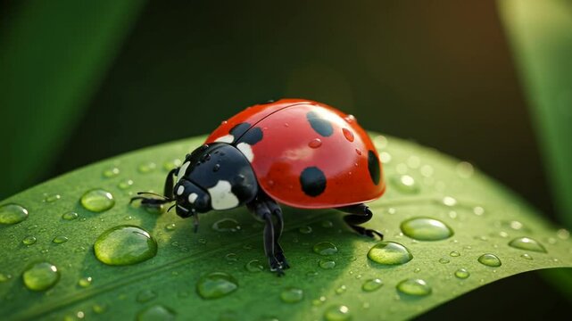 Close-up of a vibrant ladybug resting on a green leaf with water droplets