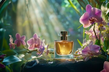 Amber perfume bottle nestled amongst blossoms in a sunlit greenhouse.