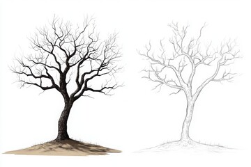 Bare tree illustration with line art version isolated on white background