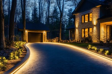 A smart outdoor lighting system enhances the visibility of a driveway at night, providing a warm ambiance in a peaceful suburban environment surrounded by trees