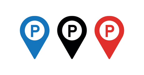 Parking Location Pin Icon Set, Vector Map Marker with P Symbol for Parking Locator, Navigation Map UI, Travel App, City Guide, Route Planner and GPS Interface