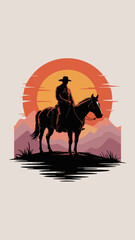 Lone Cowboy on Horseback Silhouetted Against a Fiery Sunset in a Desert Canyon Landscape – Western Illustration Art

