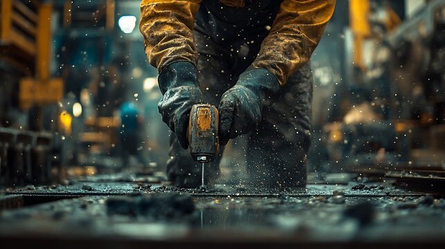 Industrial worker drilling metal with power drill in workshop for metal processing