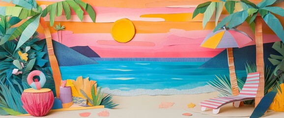 Bright and whimsical paper collage design shows a picturesque beach with palm trees, gentle waves, and a stunning sunset. Ideal for evoking summer vibes and creativity