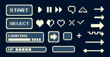 Game UI elements Set retro pixel with start buttons, arrows, loading bars, health points, hearts, controls, video game design, pixel art interfaces, mobile game, nostalgic projects.Vector illustration © Ilonka eva