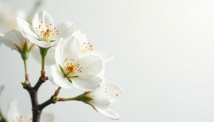 Delicate white blossoms against pure white backdrop, floral design, art