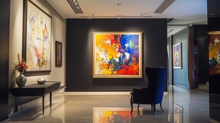 Modern Abstract Art Gallery Interior with Wingback Chair