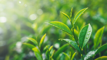 Fototapeta premium A close-up nature photograph of fresh green tea leaves in sharp focus against a soft, blurred background .