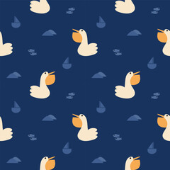 Pelican cartoon so cute. On sailboat fish blue background. Pattern seamless vector illustration. 