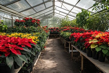 Poinsettias in a greenhouse, red and yellow leaves, potted for sale. Use for Christmas, holiday, gardening, or agriculture themed projects.