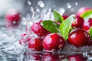 Fresh cranberries with green leaves are splashed with clear water. It can show healthy eating, or use for your food and drink ads.