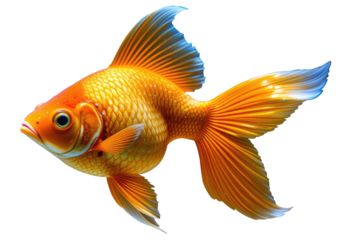 Elegant Goldfish with Long Fins on Transparent PNG Background, Cut Out.