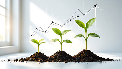Growth and Progress Visualizing Business Expansion with Growing Plants and Upward Trend Graph