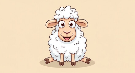 Adorable Cartoon Sheep Character Illustration in a Sitting Pose with a Fluffy White Fleece and Friendly Expression on a Soft Beige Background