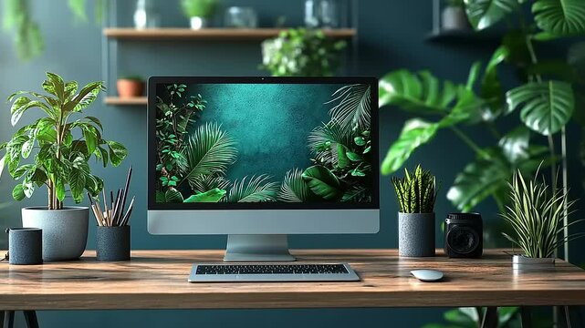 Stylish home office setup with modern computer and lush green plants for creative work
