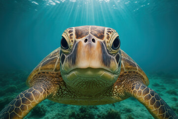 Obraz premium Green Sea Turtle Face Close-Up Underwater