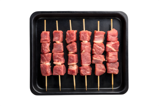 Raw Beef Kebabs on Wooden Skewers on Tray on transparent background - Powered by Adobe