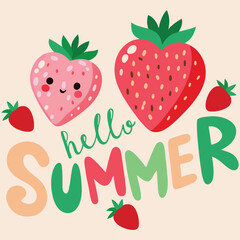  Cute Hello Summer Poster with Smiling Strawberries – Fun Fruit Illustration
