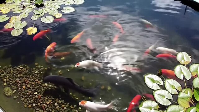 Goldfish Swimming in Clear Outdoor Pond Top View 4K