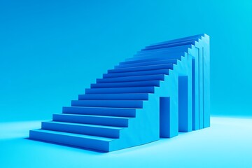 Obraz premium A blue staircase with bars rising to the top in a gradient blue environment